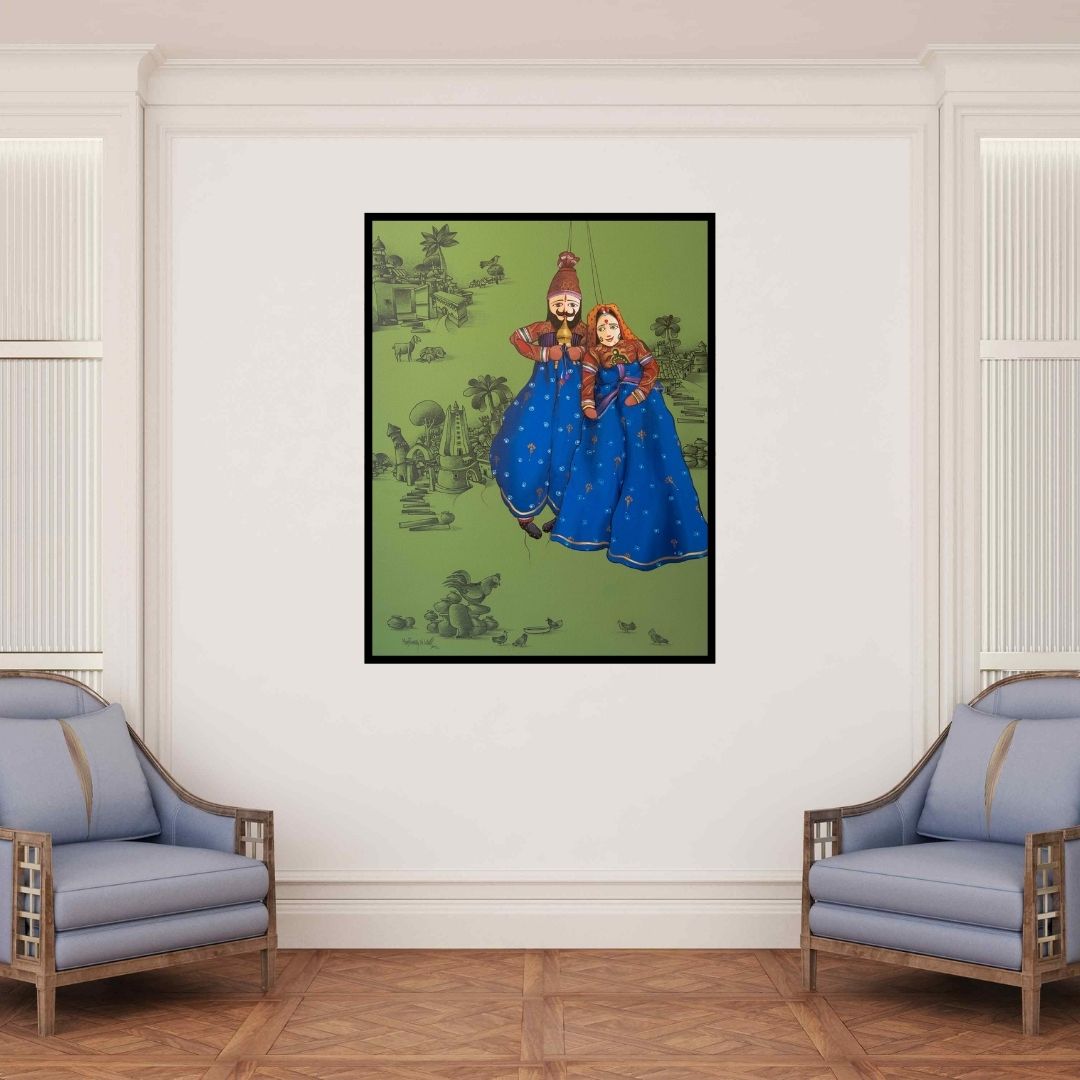 In-situ view of Manjunath Wali's 'Poppet Play 2 (String of Harmony)' painting in a room