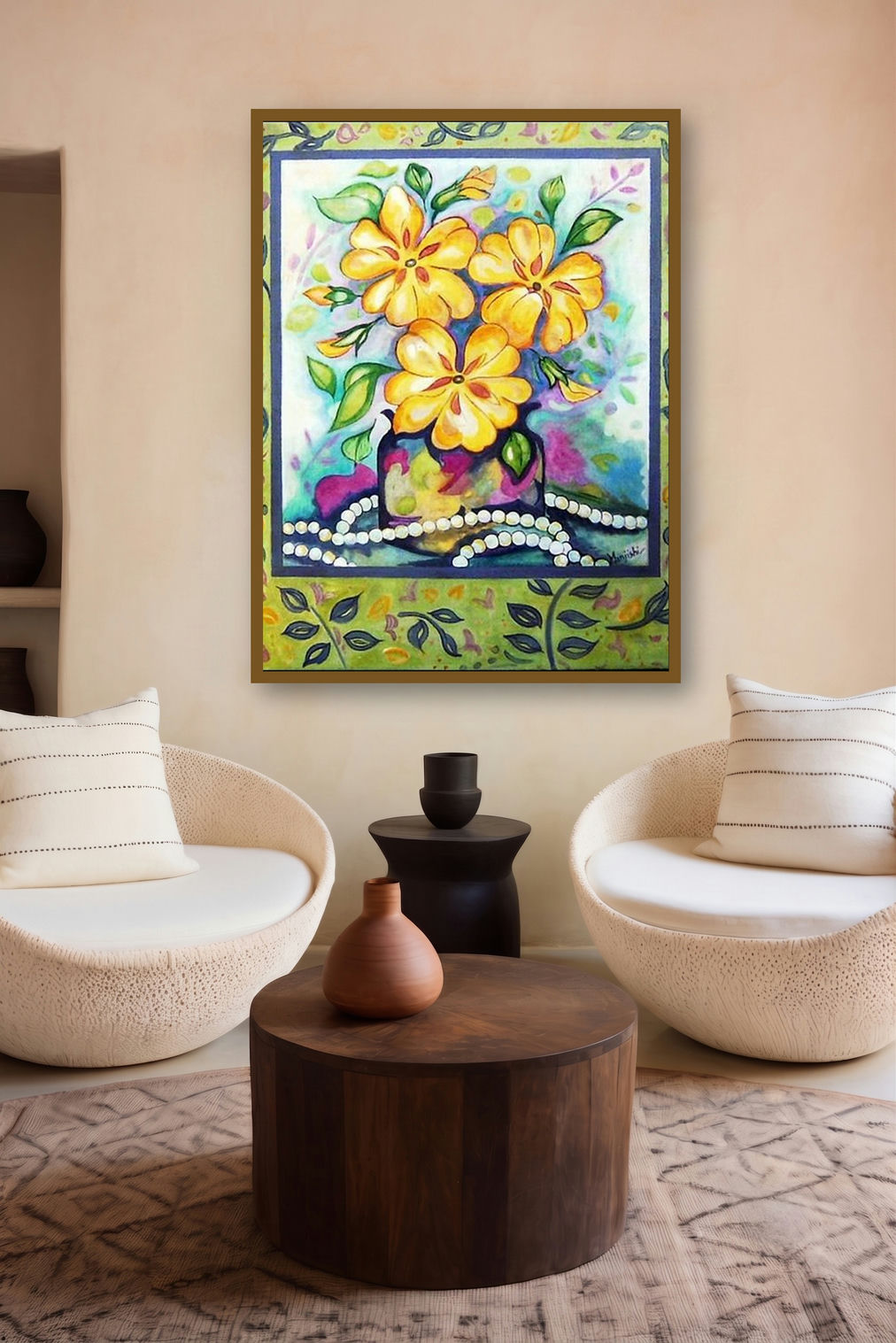 Poppies In A Vase (Golden Blooms) by artist Manju Lamba displayed in a Luxury gallery