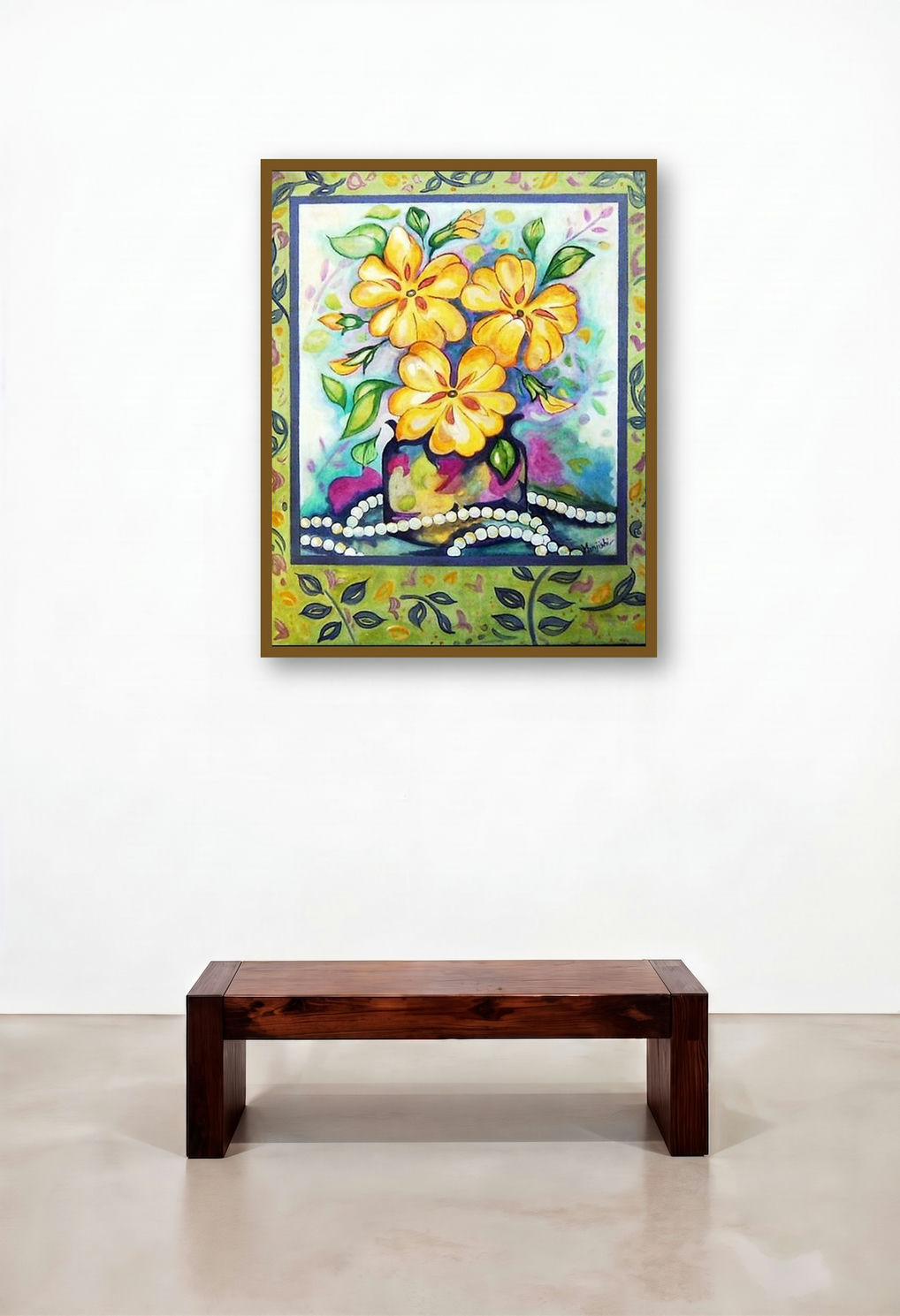 Poppies In A Vase (Golden Blooms) by artist Manju Lamba displayed in a Rustic Reception Area