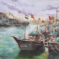 Landscape watercolor painting titled 'Porbander harbor', 16x12 inches, by artist Mrutyunjaya Dash on Paper