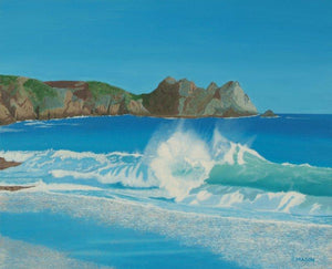 Porthcurno Wave (Porthcurnos Breaker) by SIMON MASON, Print Oil Seascape Painting on Canvas, X-Small Horizontal Wall Art