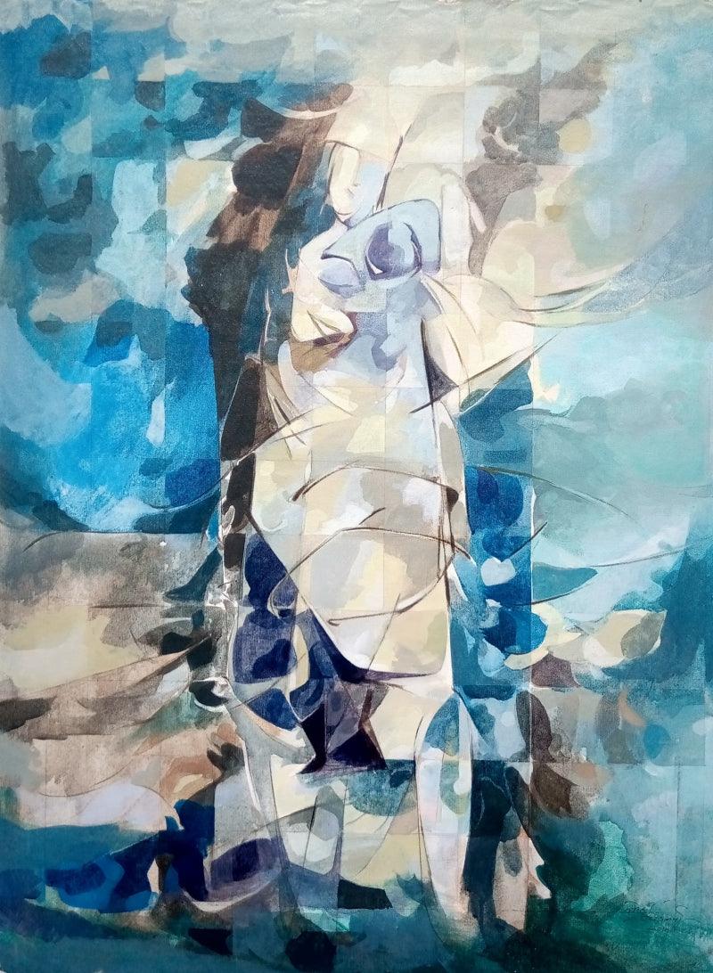 Abstract acrylic painting titled 'Portrait', 35x28 inches, by artist Mohan Vishwakarma on Canvas