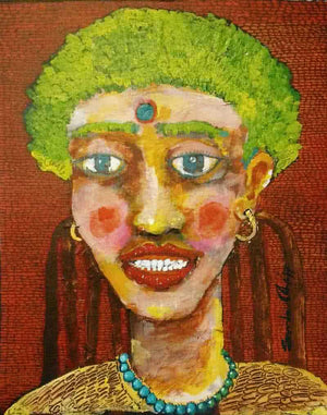Portrait Of A Lady Iii by Sambuddha Gupta, Original Acrylic Portrait Painting on Paper, X-Small Vertical Wall Art