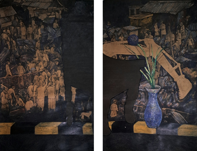 Power' figurative mixed-media painting by artist Krishnapada Maity, 55x44 inch, on paper