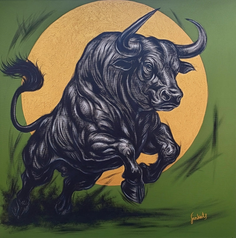 Power Of Bull Energy 2' animals mixed-media painting by artist Sanket A Sawant, 30x30 inch, on canvas