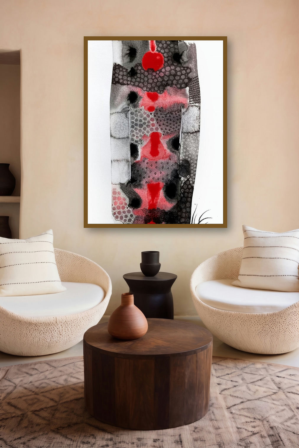 Power Of Control (Crimson Flow) by artist Huma Khan displayed in a Boutique gallery