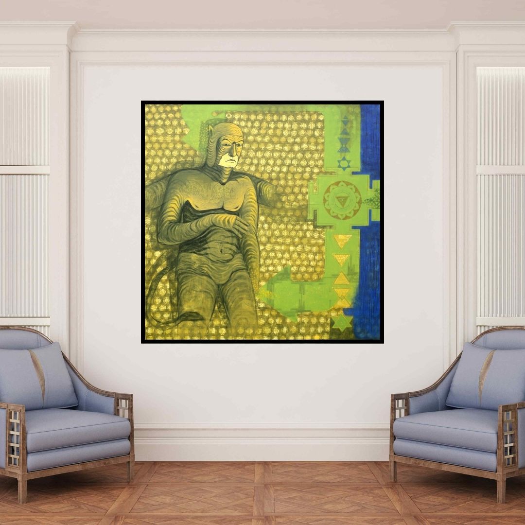 In-situ view of Abhishek Chourasia's 'Power With Tantra (The Guardian)' painting in a room