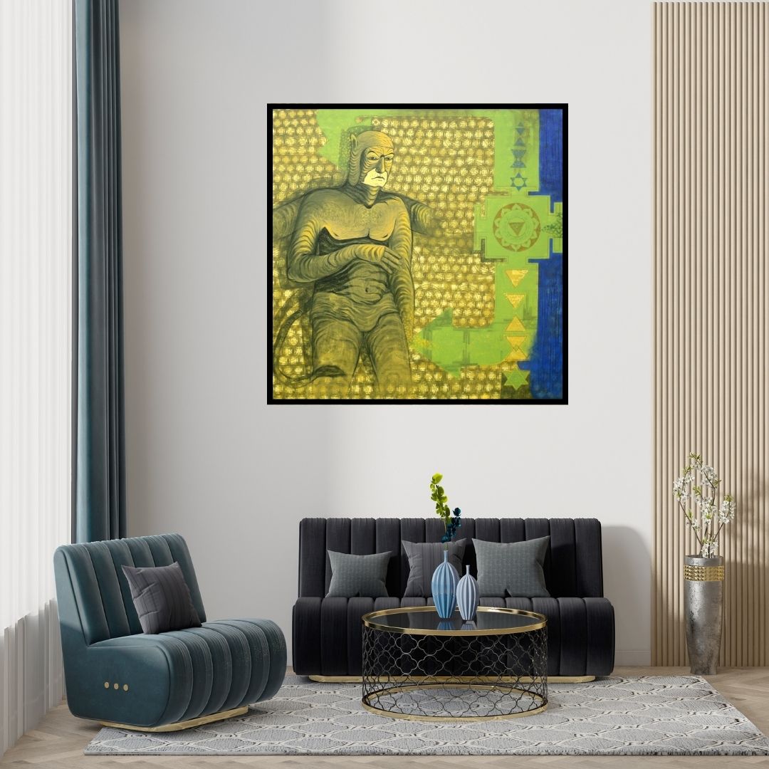 Preview of 'Power With Tantra (The Guardian)' Painting by Abhishek Chourasia shown on a wall in a furnished room.