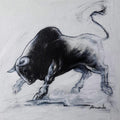 Cityscape acrylic charcoal painting titled 'Powerful Bull Series 4', 12x12 inches, by artist Ananda Das on Canvas