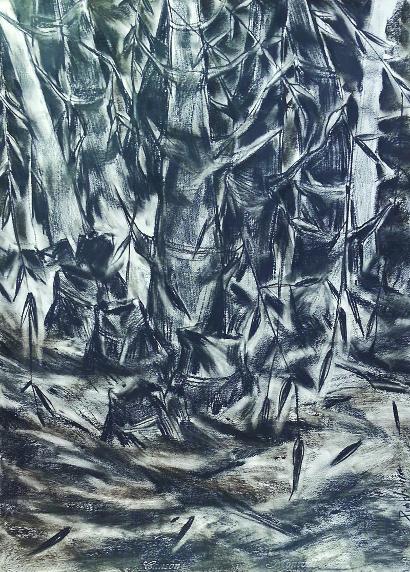 'Prakriti 1' landscape charcoal drawing by artist Pintu Biswas, 30x22 inch, on paper