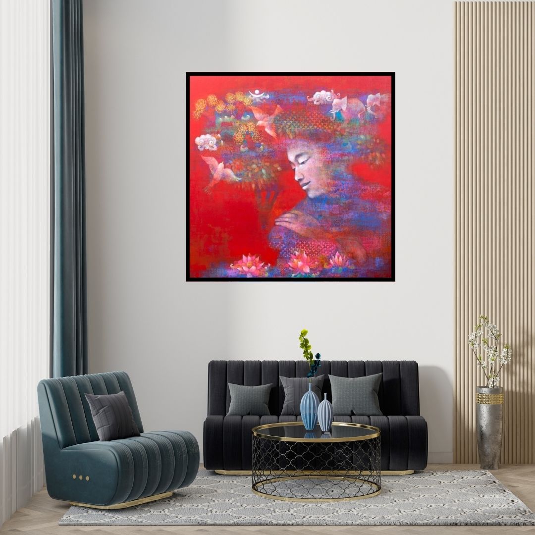 Preview of 'Prakriti 1' Painting by Shampa Sircar Das shown on a wall in a furnished room.