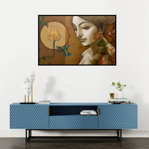 Preview of 'Prakriti (Serene Beauty)' Painting by Sukanta Das shown on a wall in a furnished room.