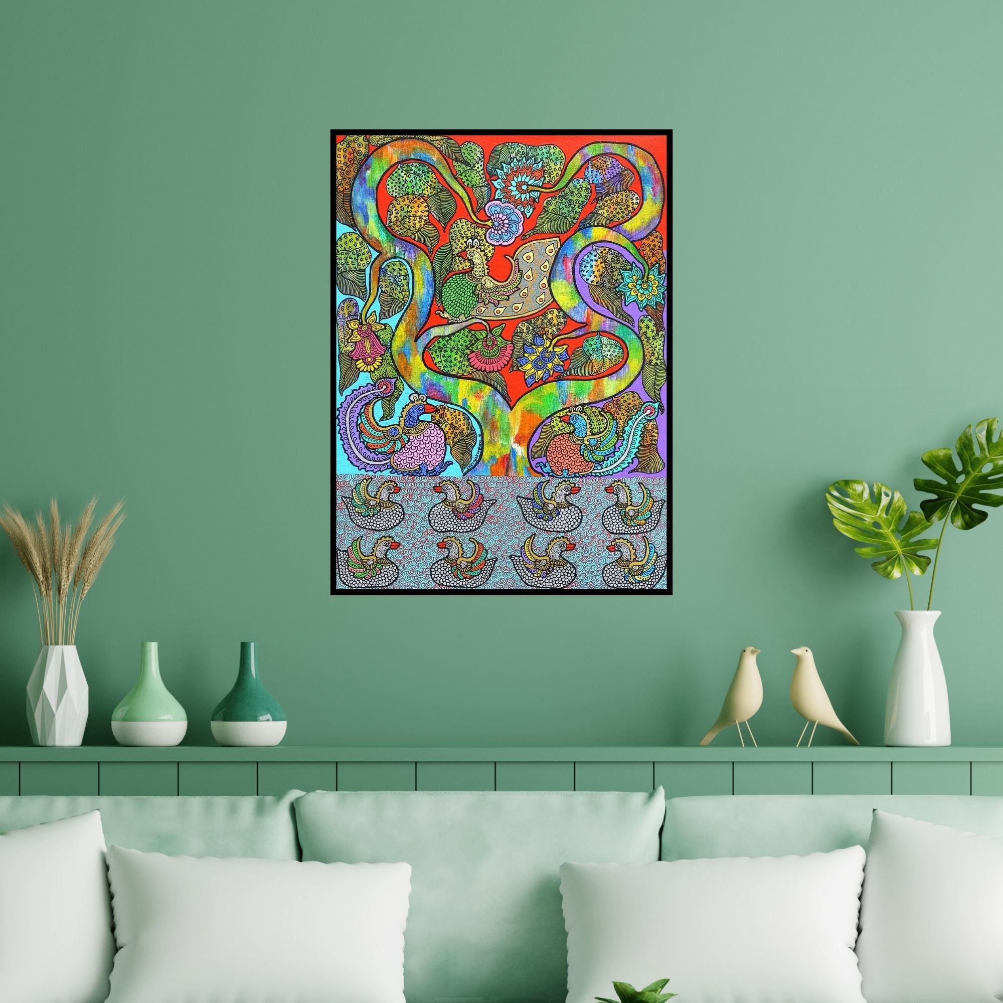 Preview of 'Prakruthi 10 (Tree of Life and Birds)' Painting by Neeraja Kongara shown on a wall in a furnished room.