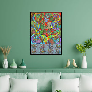 Preview of 'Prakruthi 10 (Tree of Life and Birds)' Painting by Neeraja Kongara shown on a wall in a furnished room.