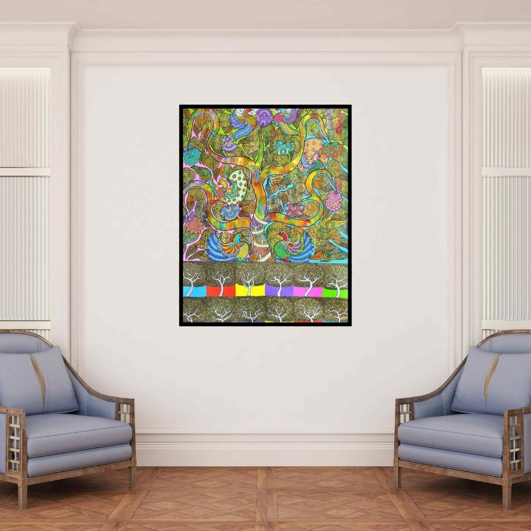 In-situ view of Neeraja Kongara's 'Prakruthi 6 (Tree of Life and Birds)' painting in a room