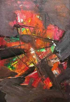 Prakruti Series 3 (Crimson Cosmos**) by Nandkishor Thorat, Original Acrylic Abstract Painting on Paper, X-Small Vertical Wall Art