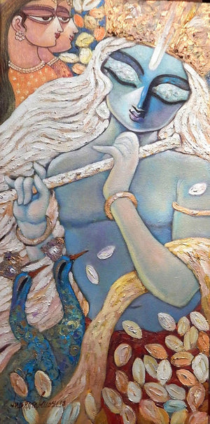 Figurative acrylic painting titled 'Pray', 30x15 inches, by artist Subrata Ghosh on Canvas