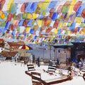 Prayer Flags Vibrant Cafe' landscape watercolor painting by artist Prashant Prabhu, 22x30 inch, on paper