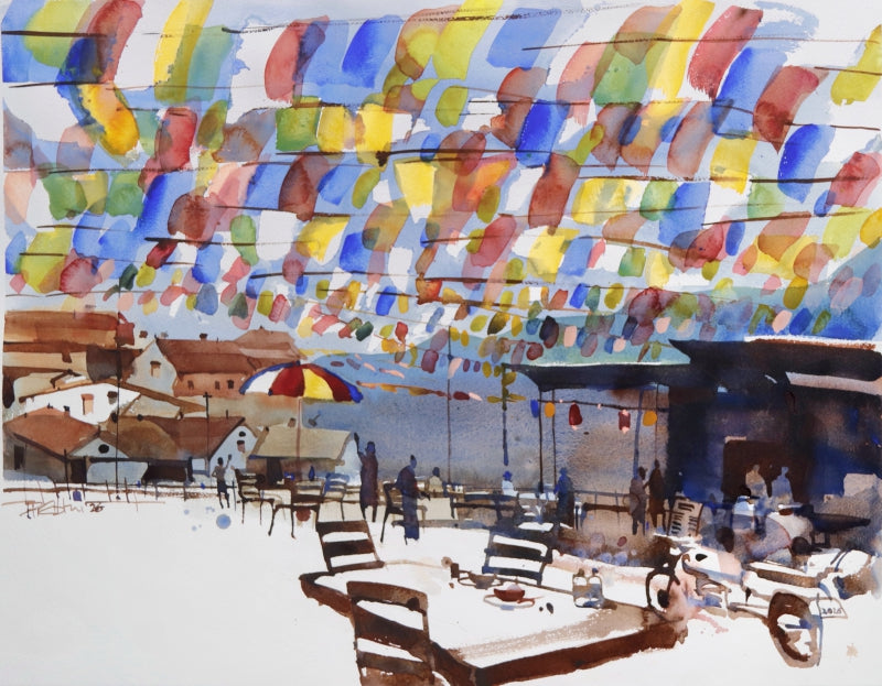 Prayer Flags Vibrant Cafe' landscape watercolor painting by artist Prashant Prabhu, 22x30 inch, on paper
