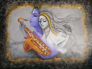 Prem Rang (Eternal Rhapsody) by Rakhi Baid, Original Acrylic Religious Painting on Canvas, Large Horizontal Wall Art