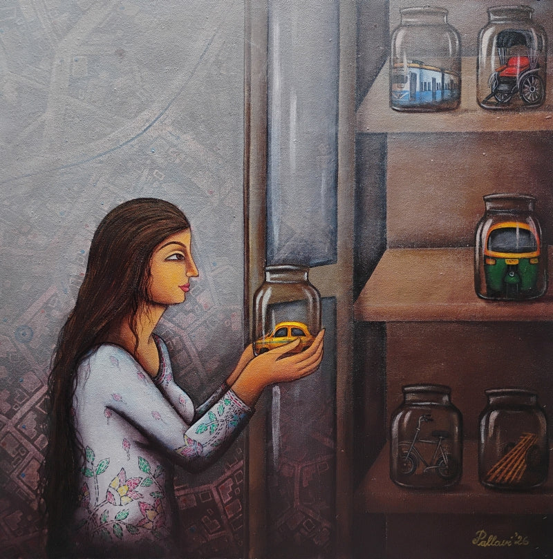 Preservation' figurative acrylic painting by artist Pallavi Dutta, 17x17 inch, on canvas