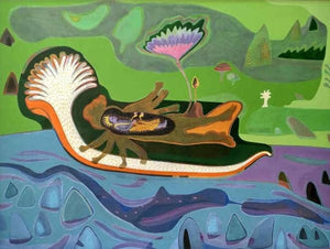 Preserver Of The Universe (Vishnu's Dream of Creation) by Rohit Joshi, Original Acrylic Religious Painting on Canvas, Large Horizontal Wall Art