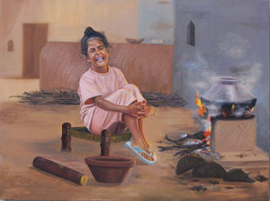 Priceless Happiness (The Masked Horse) by Kulwinder Singh, Original Oil Lifestyle Painting on Canvas, Medium Horizontal Wall Art
