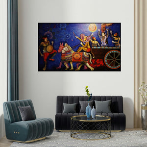 Kanha Behera's 'Procession Of Culture (A Divine Journey)' painting visualized above a sofa in a contemporary room.
