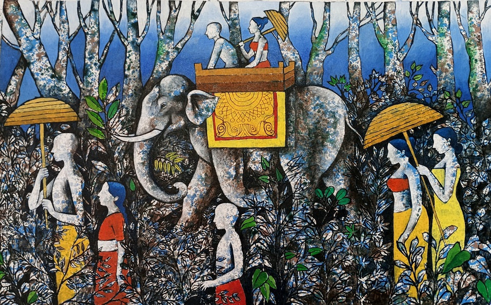 Procession' figurative acrylic painting by artist Ranjith Raghupathy, 27x42 inch, on canvas
