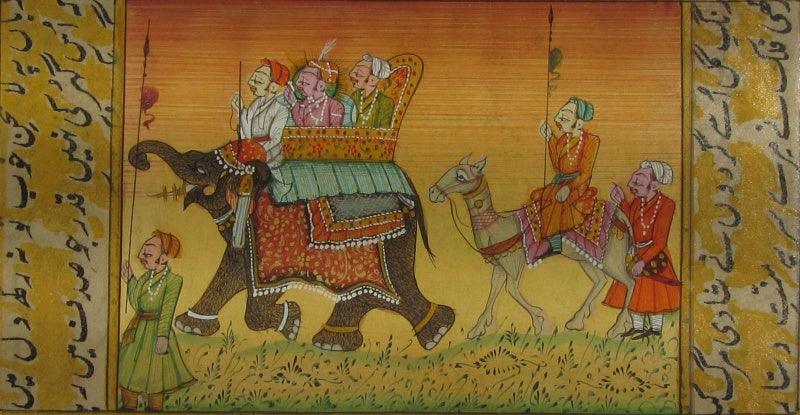 Figurative mughal traditional art titled 'Procession With Elephant And Camel', 5x7 inches, by artist Unknown on Paper