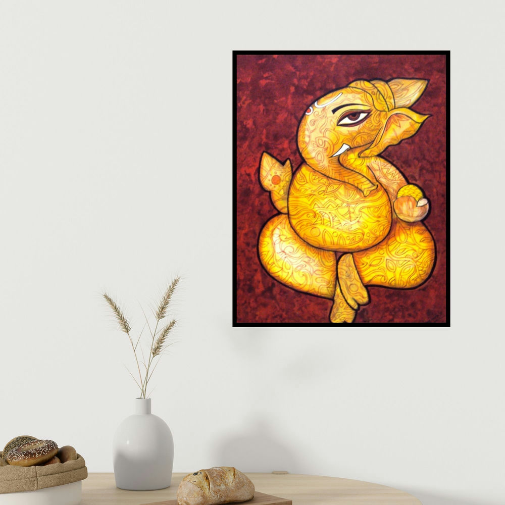 Sreya Gupta's 'Prosperity (Golden Ganesha)' painting visualized above a sofa in a contemporary room.