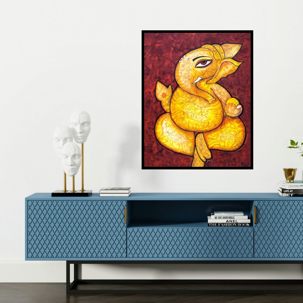 'Prosperity (Golden Ganesha)' painting by Sreya Gupta shown on a wall in a furnished room.