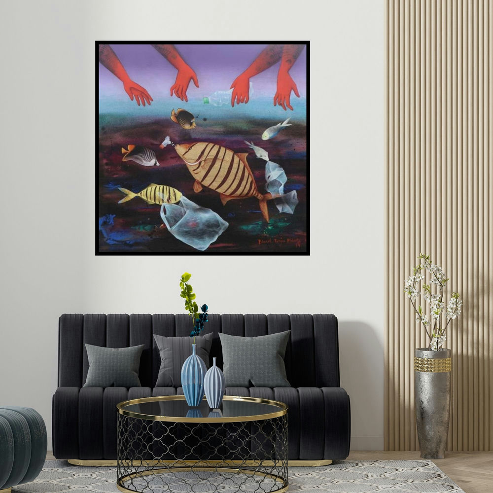 Bikash Mohanta's 'Protect Us (Polluted Waters)' painting visualized above a sofa in a contemporary room.