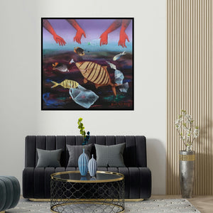 Bikash Mohanta's 'Protect Us (Polluted Waters)' painting visualized above a sofa in a contemporary room.