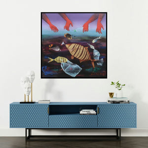 'Protect Us (Polluted Waters)' painting by Bikash Mohanta shown on a wall in a furnished room.