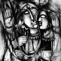 Religious charcoal painting titled 'Protection', 28x22 inches, by artist N P Pandey on Paper