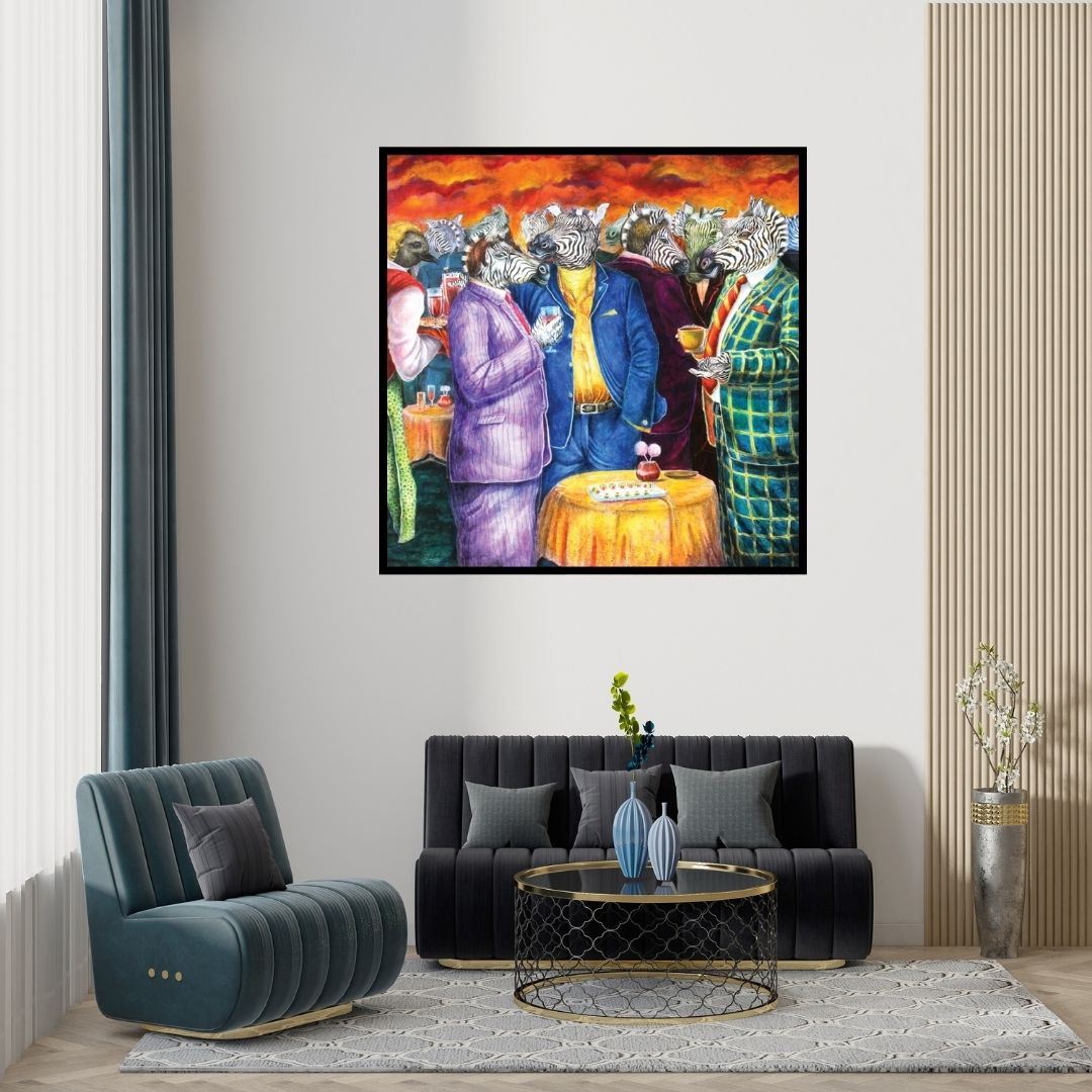 Preview of 'Pseudo Society (Zebra Dudes Socializing)' Painting by Minal Rajurkar shown on a wall in a furnished room.