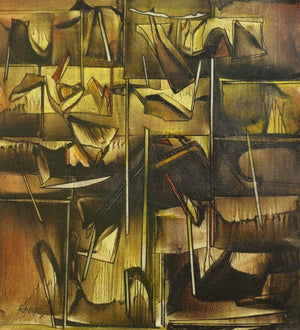 Ptg 1 (Golden Rhapsody) by Ramesh Kher, Original Oil Fantasy Painting on Canvas, Small Vertical Wall Art