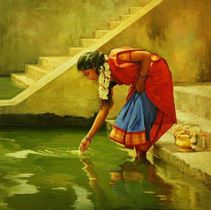 Puja Flower Offering by S Elayaraja, Print Oil Figurative Painting on Canvas, X-Small Square Wall Art