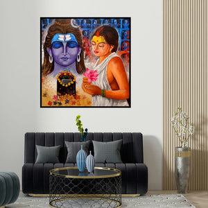 Arjun Das's 'Pujarin Of Shiva (Unwavering Devotion)' painting visualized above a sofa in a contemporary room.