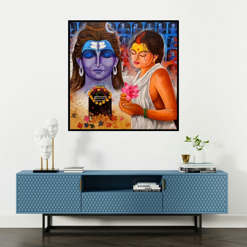'Pujarin Of Shiva (Unwavering Devotion)' painting by Arjun Das shown on a wall in a furnished room.