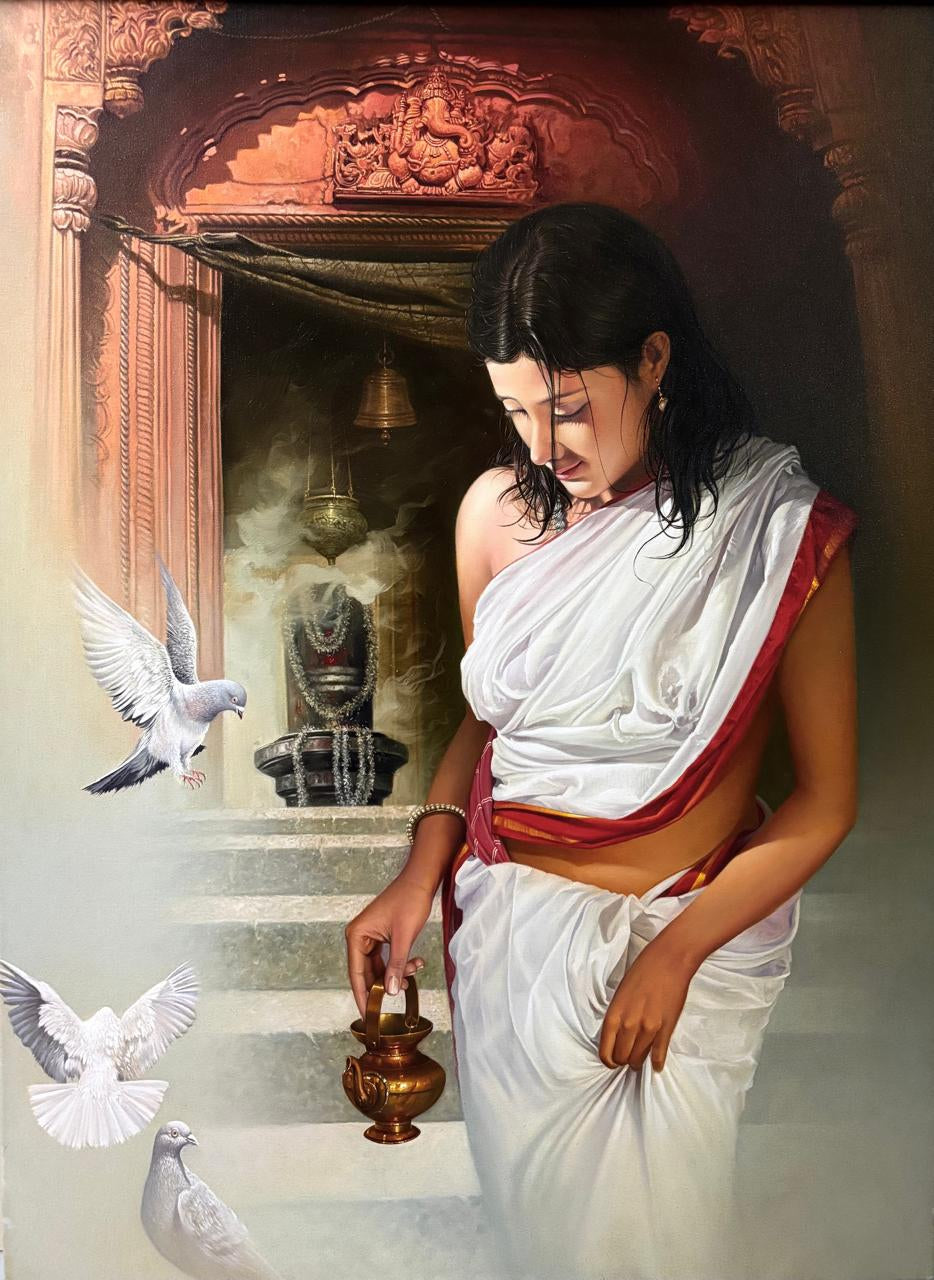 'Pujarini' religious acrylic-oil painting by artist Amit Bhar, 48x36 inch, on canvas