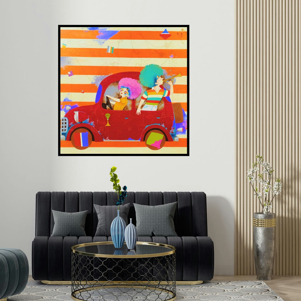 Shiv Kumar Soni's 'Puppy And Chicky On The Drive' painting visualized above a sofa in a contemporary room.
