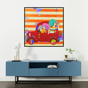 'Puppy And Chicky On The Drive' painting by Shiv Kumar Soni shown on a wall in a furnished room.