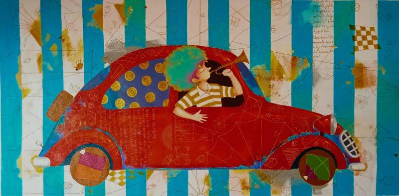 Figurative acrylic painting titled 'Puppy on the Drive 5', 24x48 inches, by artist Shiv Kumar Soni on Canvas