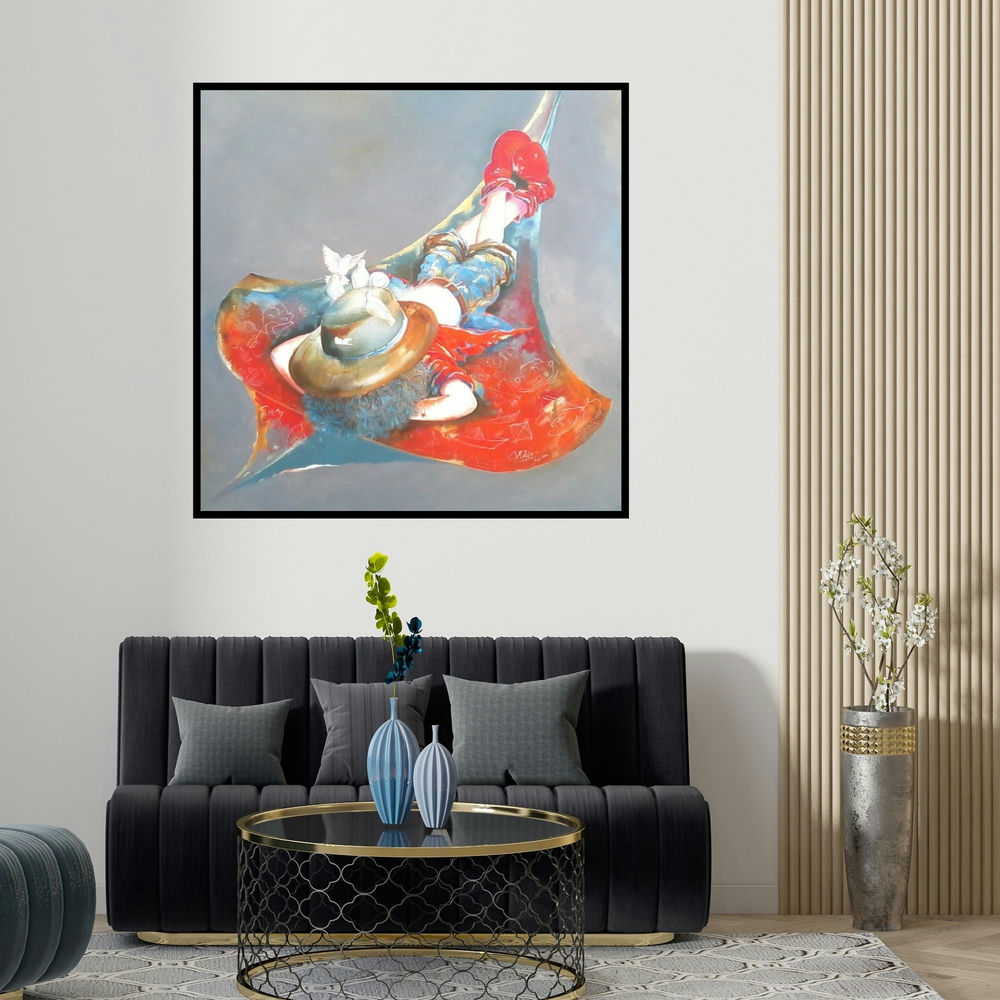 Shiv Kumar Soni's 'Puppy Swinging With Kite' painting visualized above a sofa in a contemporary room.