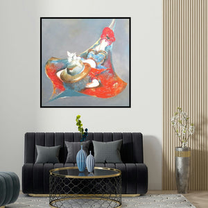 Shiv Kumar Soni's 'Puppy Swinging With Kite' painting visualized above a sofa in a contemporary room.