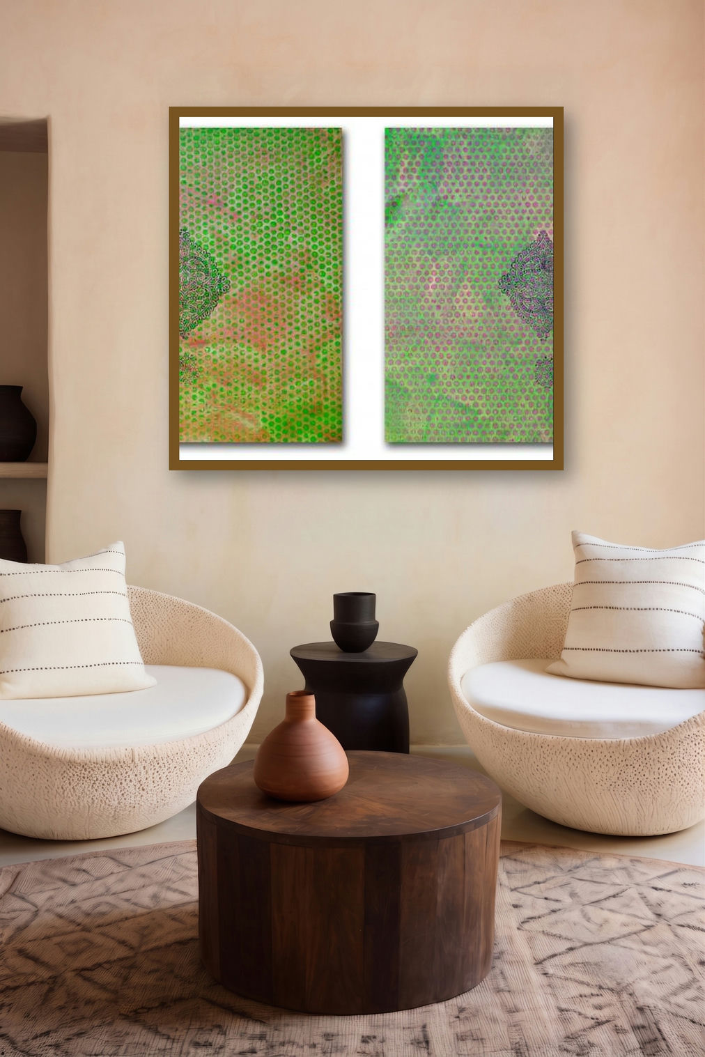 Purabh Paschim (Dual Echoes: Abstract Forms in Harmony) by artist Sumit Mehndiratta displayed in a Curated gallery