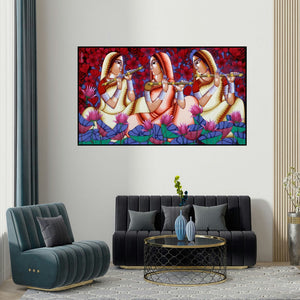 Sekhar Roy's 'Purbaraag' painting visualized above a sofa in a contemporary room.