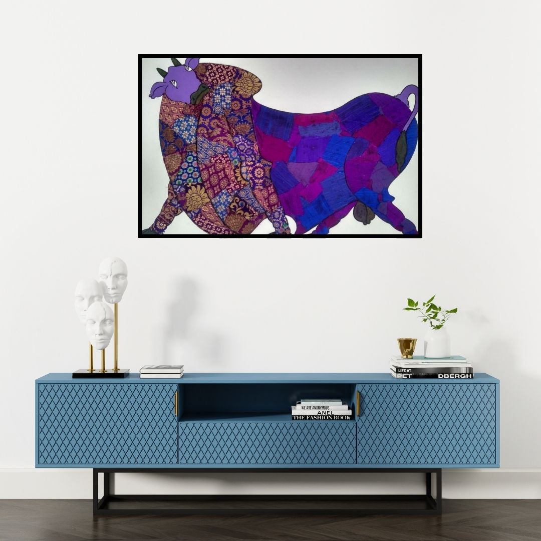 Preview of 'Purple Bull Banarasi Silk' Painting by Sreekanth Kurva shown on a wall in a furnished room.